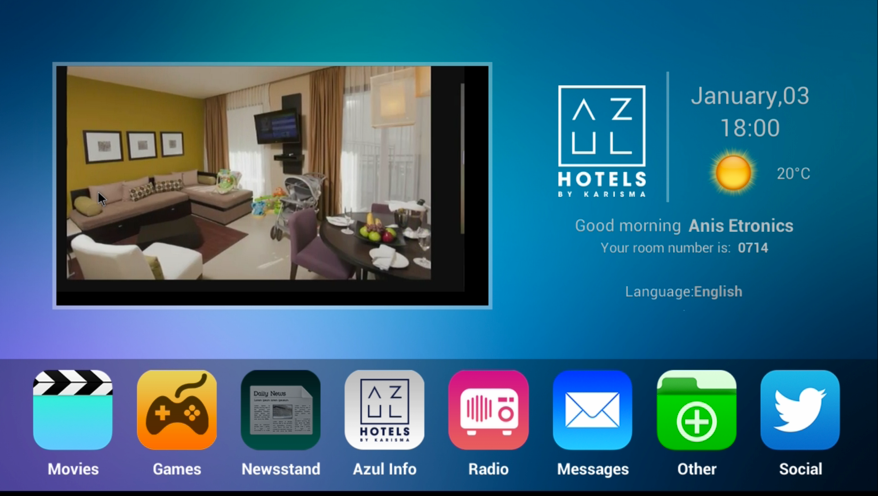 Yakka Hotel TV in-room interface with personalized guest welcome